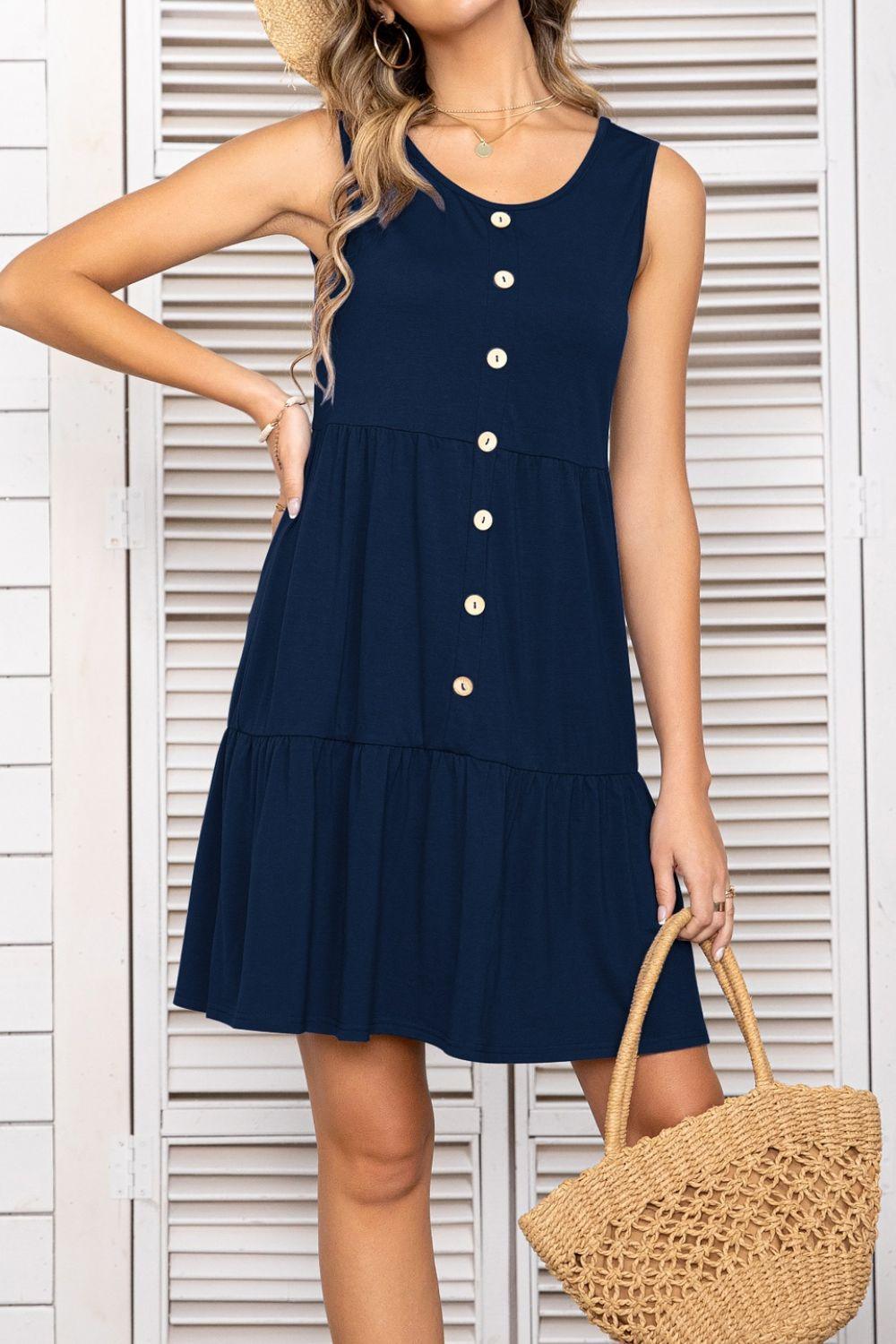 Decorative Button Scoop Neck Sleeveless Tiered Dress - ClubOn