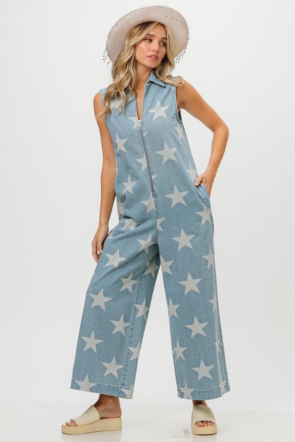 BiBi Star Print Half Zip Sleeveless Denim Jumpsuit - ClubOn
