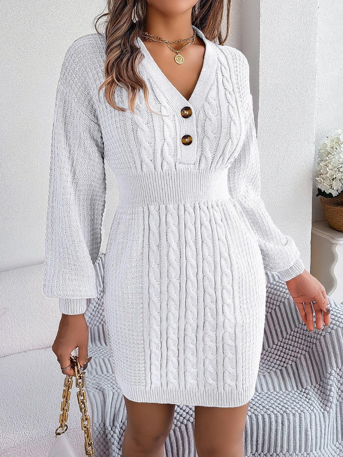 Buttoned Cable-Knit V-Neck Sweater Dress - ClubOn