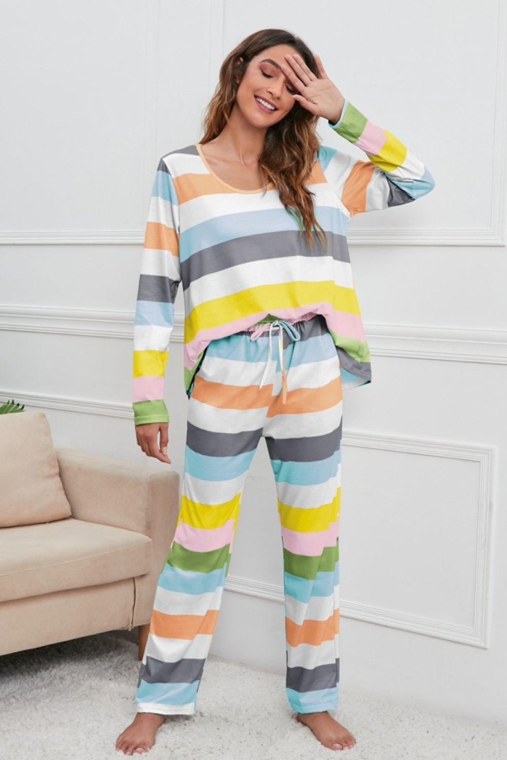 Striped Round Neck Long Sleeve Top and Drawstring Pants Lounge Set - ClubOn