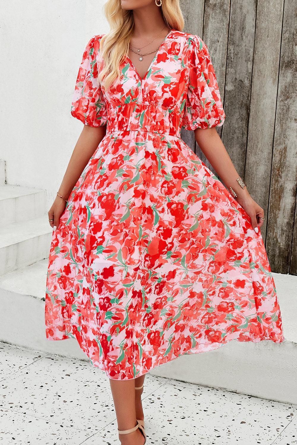 Devine Smocked Printed V-Neck Short Sleeve Dress - ClubOn