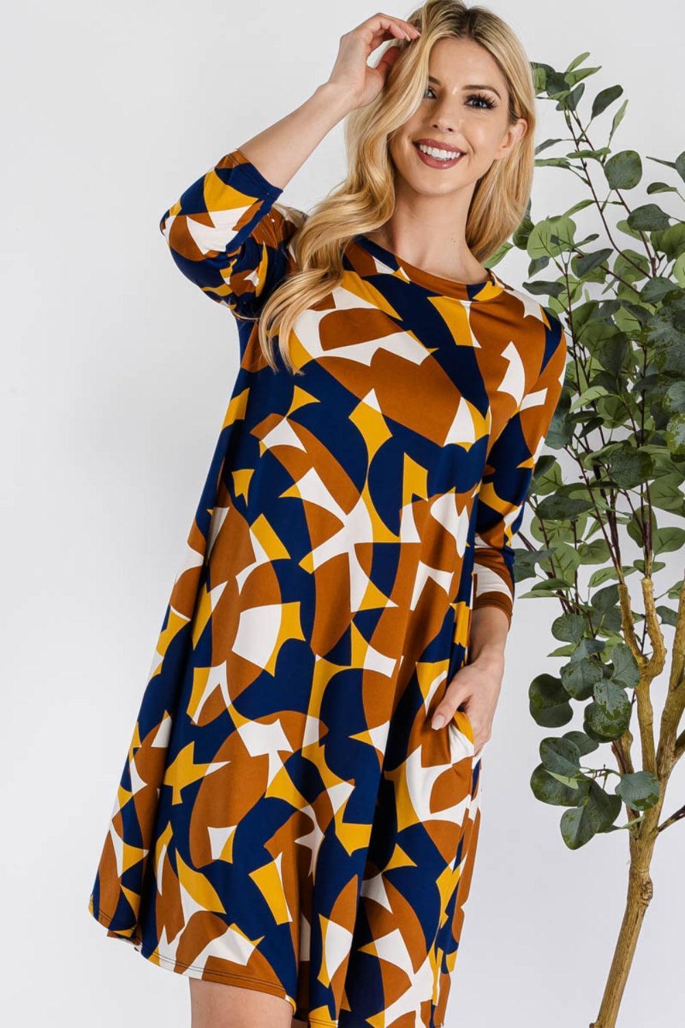 Celeste Full Size Geometric Round Neck Dress with Pockets - ClubOn