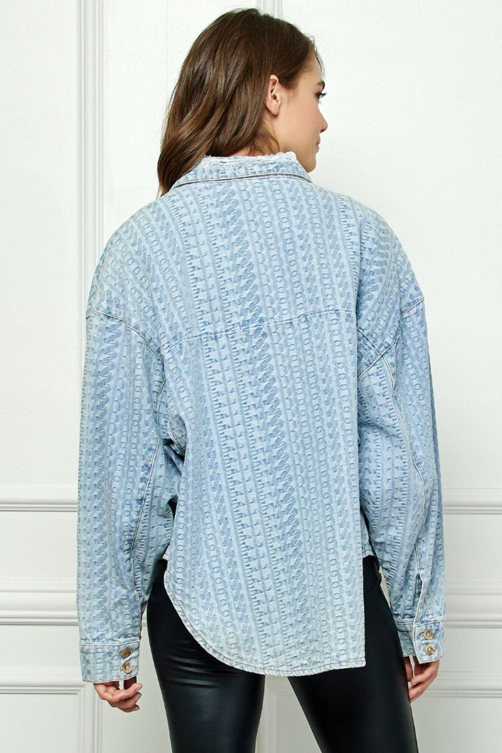 Veveret Button Up Dropped Shoulder Denim Top - ClubOn
