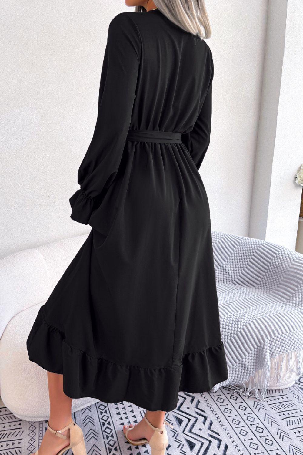 Contrast Belted Flounce Sleeve Dress - ClubOn