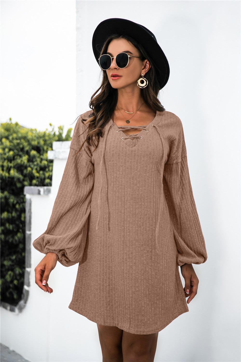 Balloon Sleeve Crisscross Detail Knit Dress - ClubOn
