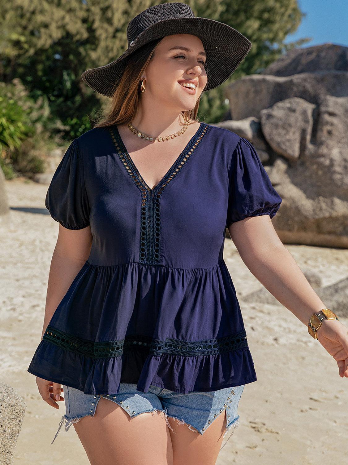 Plus Size Peplum V-Neck Short Sleeve Blouse - ClubOn