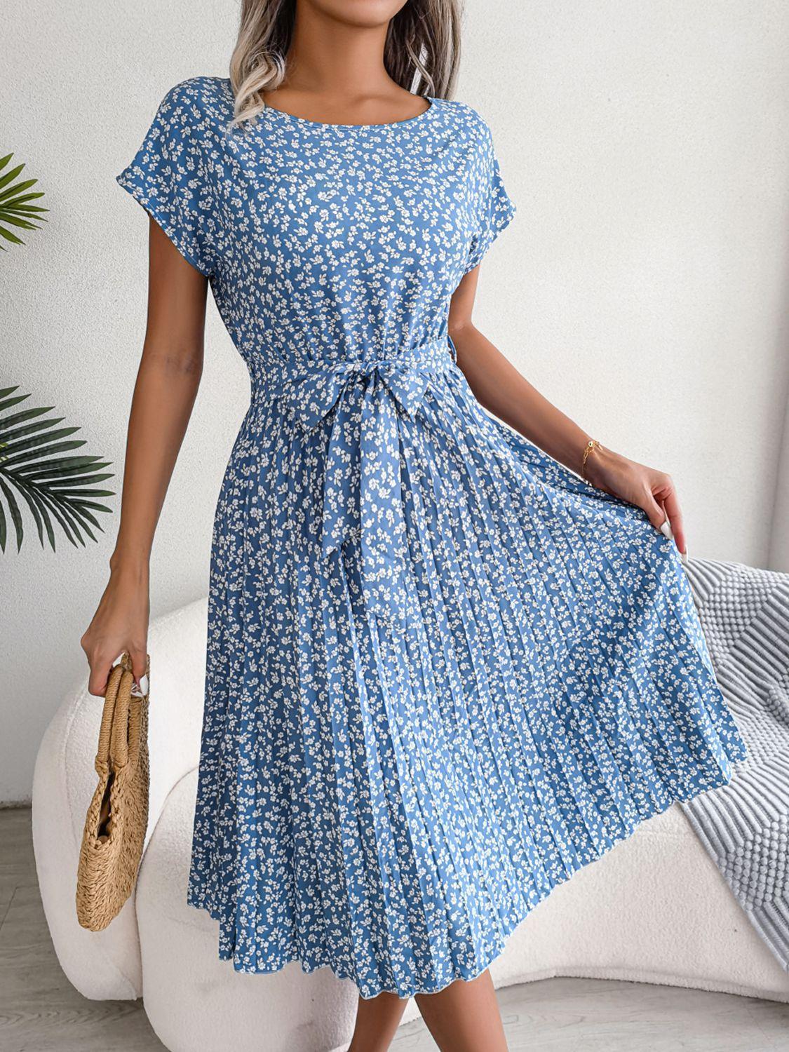 Ditsy Floral Pleated Belted Dress - ClubOn