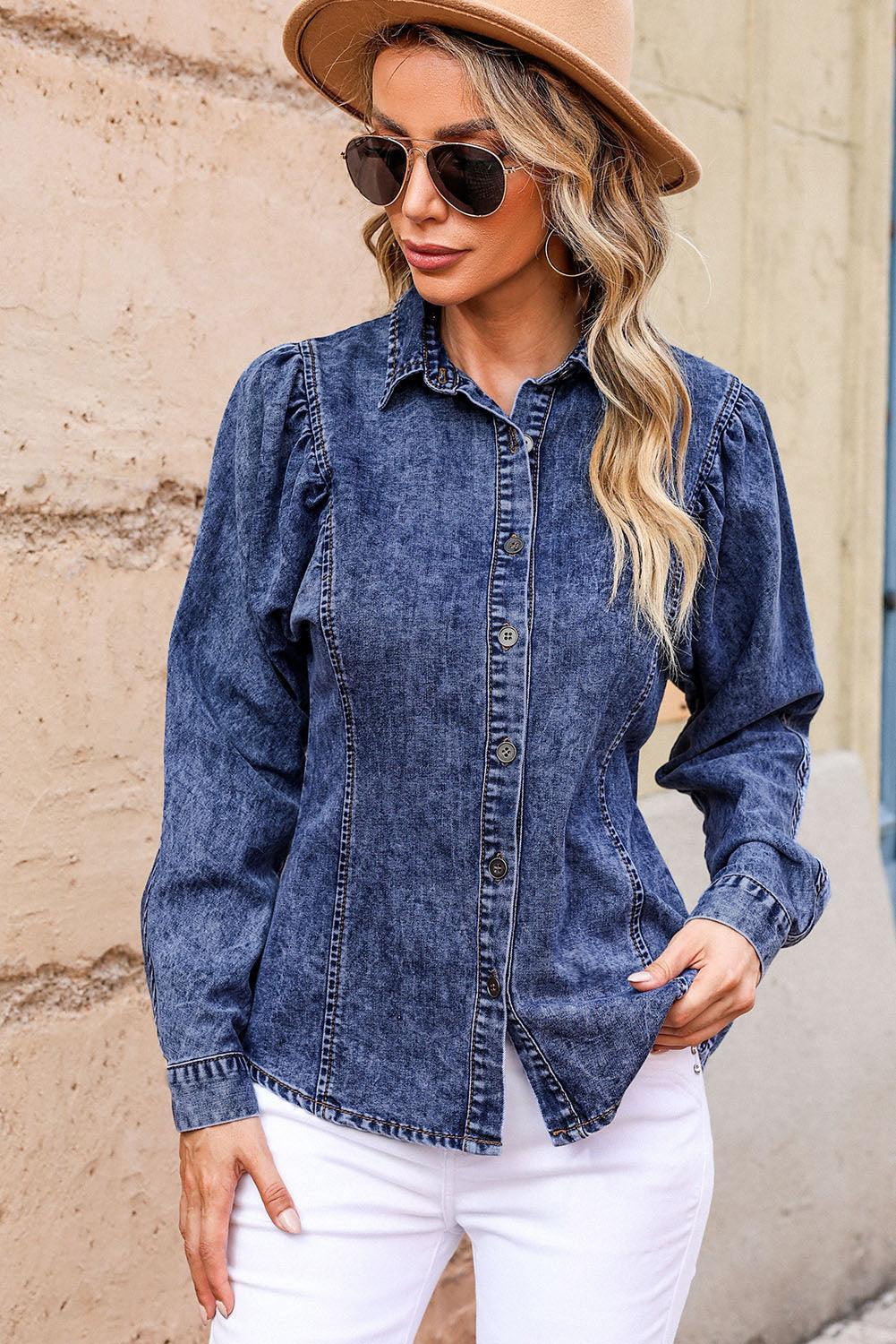 Button Up Collared Neck Denim Top - ClubOn
