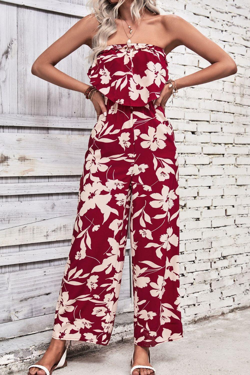 Perfee Floral Strapless Wide Leg Jumpsuit - ClubOn