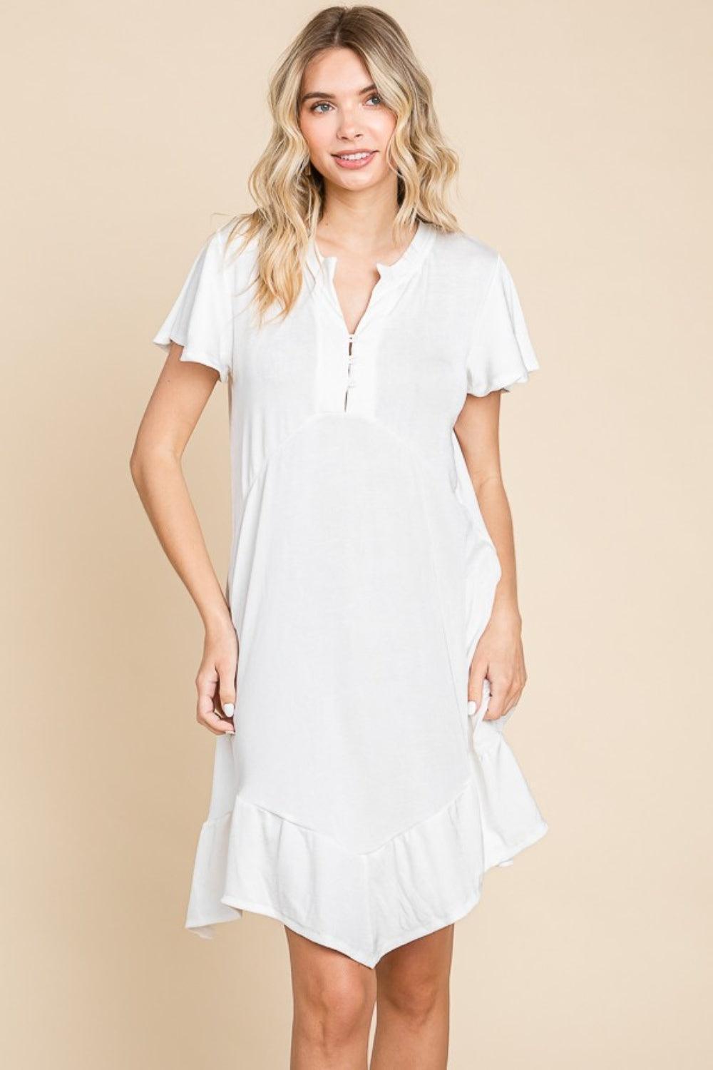 Culture Code Full Size Short Sleeve Ruffled Asymmetric Hem Dress - ClubOn