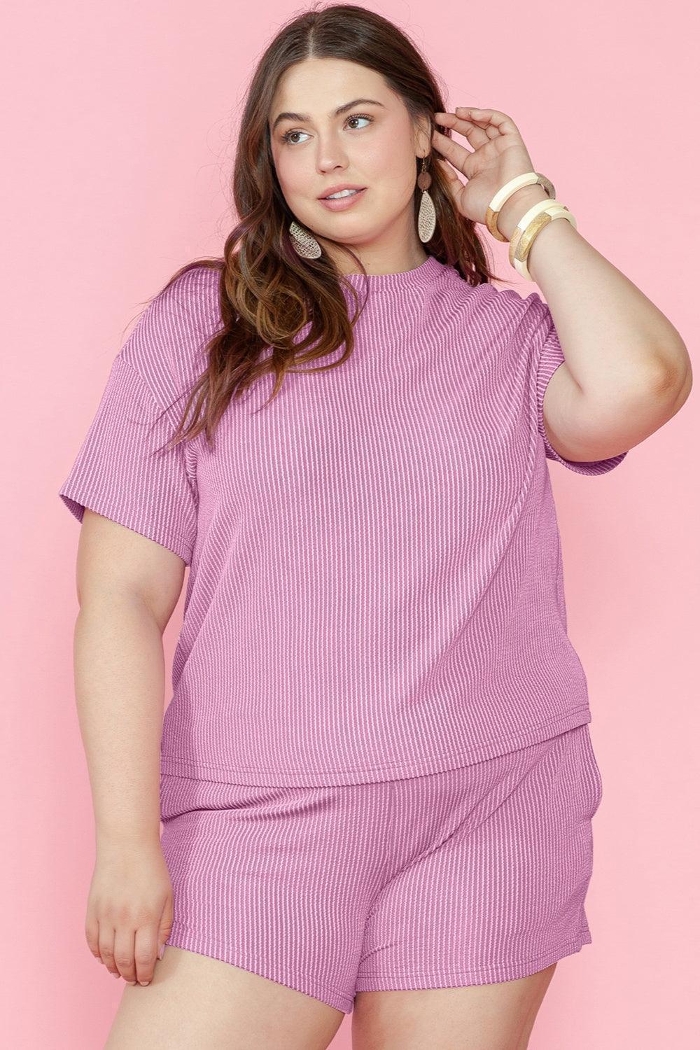 Plus Size Round Neck Short Sleeve Top and Shorts Set - ClubOn