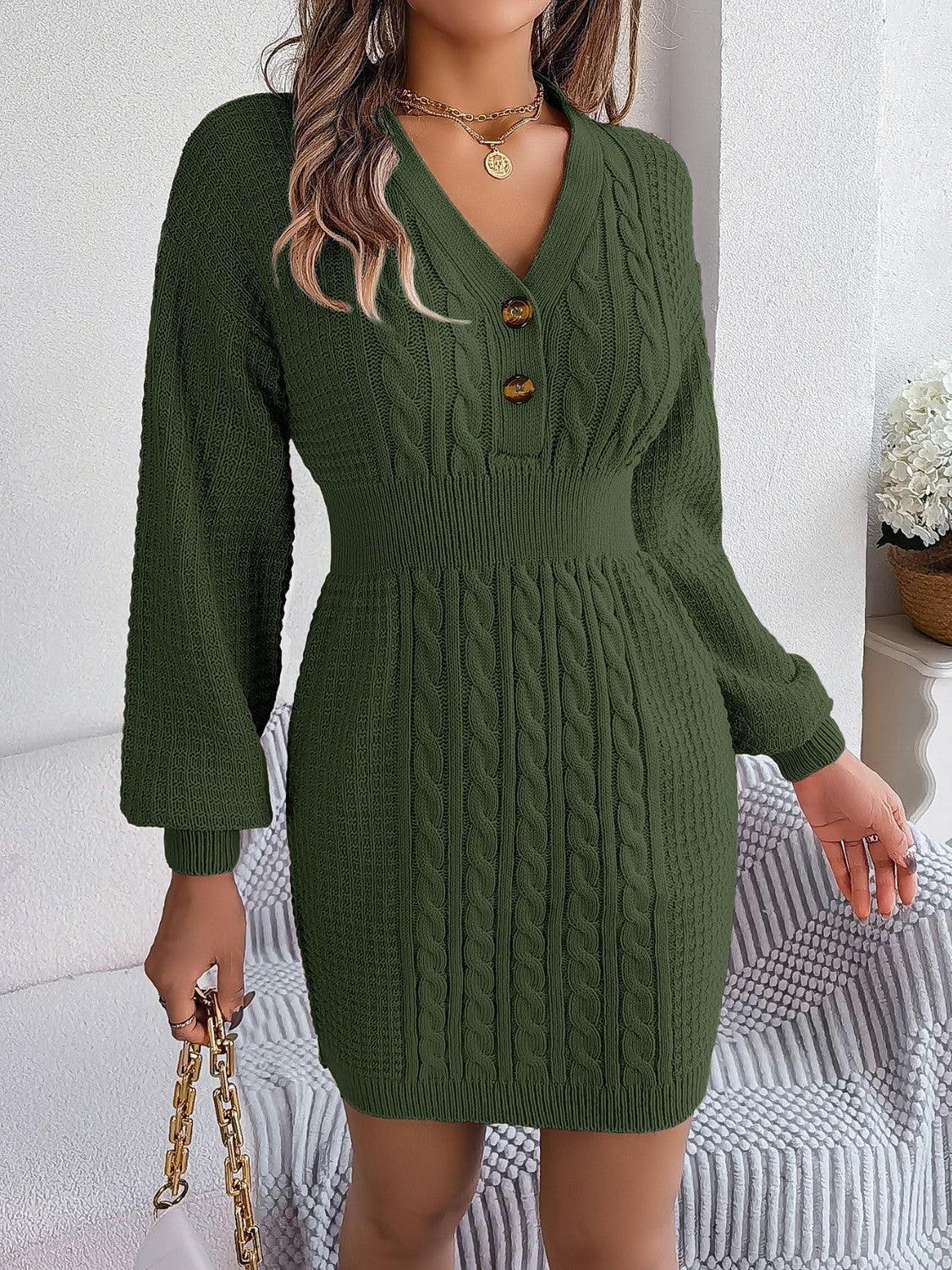 Buttoned Cable-Knit V-Neck Sweater Dress - ClubOn