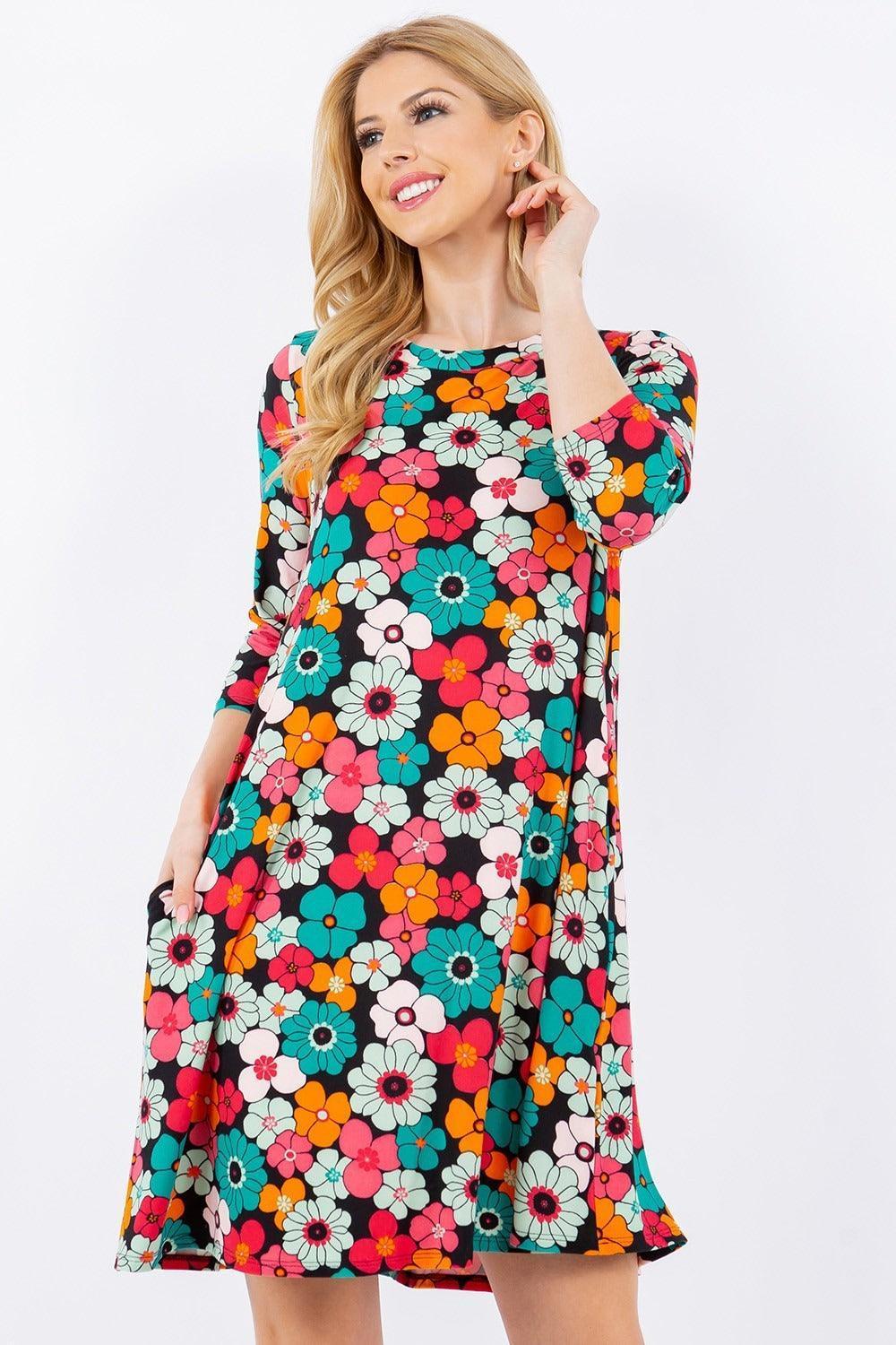 Celeste Full Size Floral Three-Quarter Sleeve Dress with Pockets - ClubOn