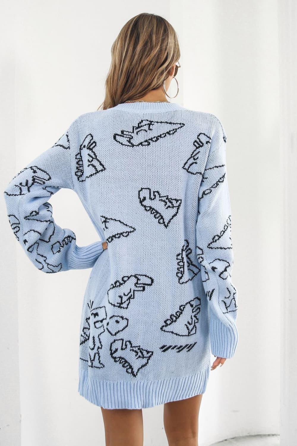 Dinosaur Pattern V-Neck Sweater Dress - ClubOn