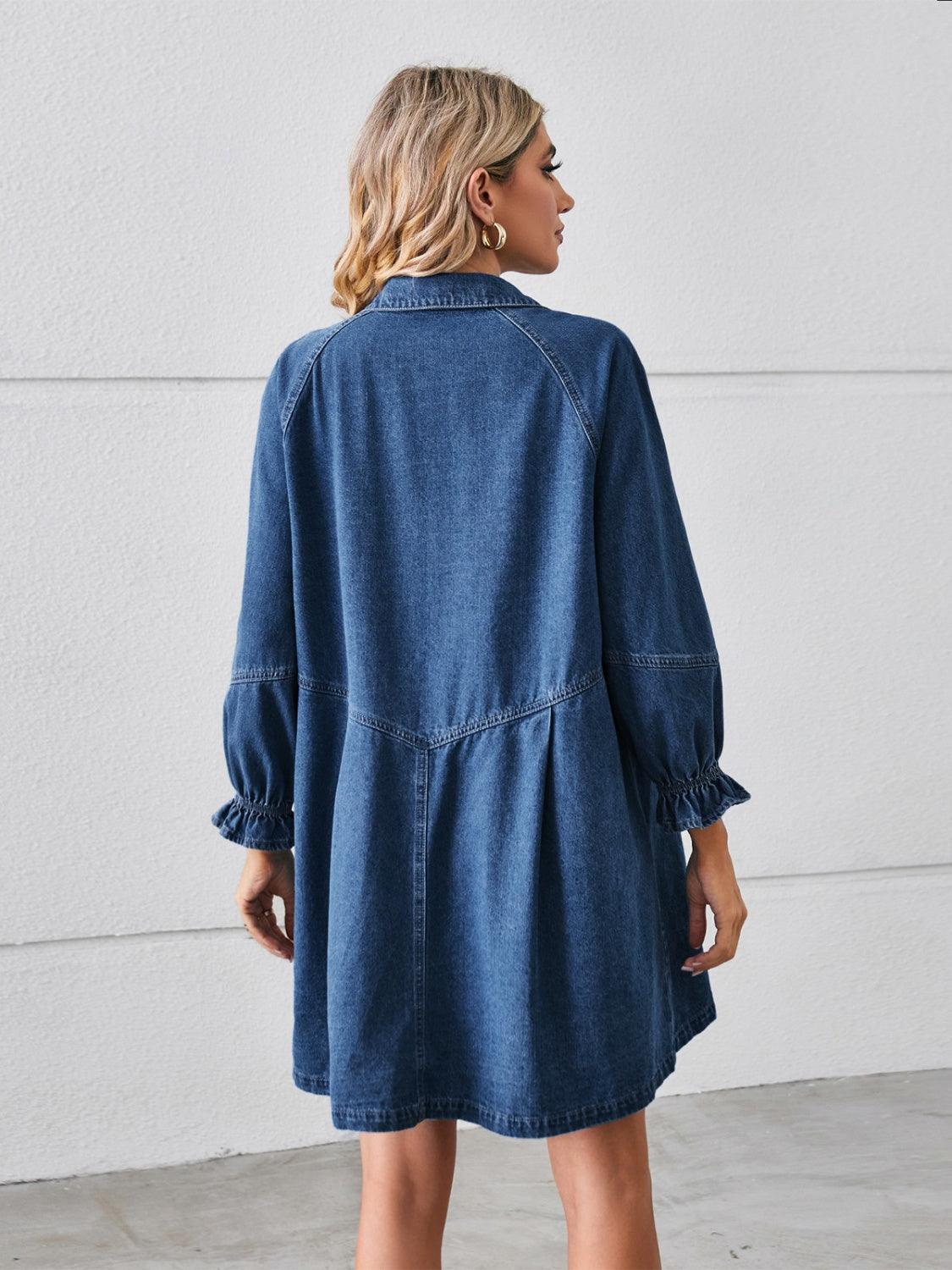 Button Up Flounce Sleeve Mini Denim Dress - ClubOn