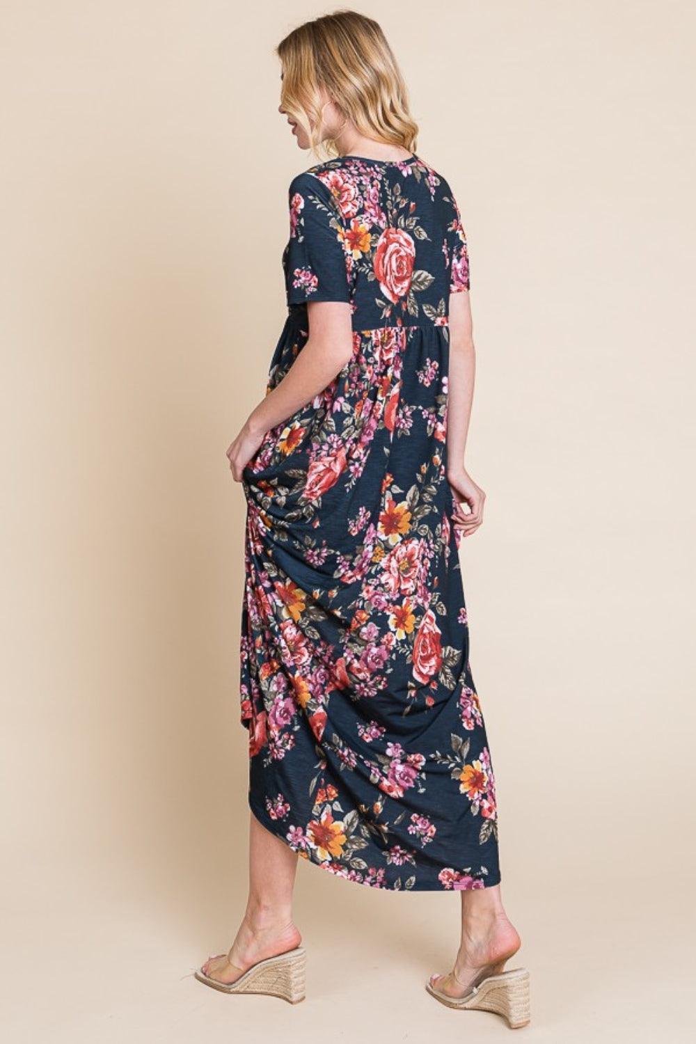BOMBOM Floral Short Sleeve Maxi Dress - ClubOn