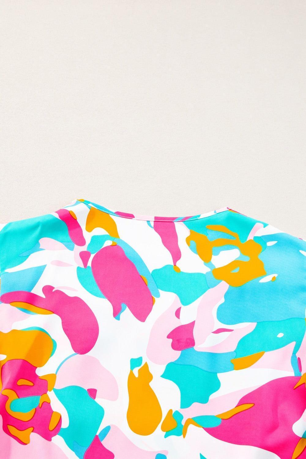 Plus Size Ruffled Printed Notched Cap Sleeve Blouse - ClubOn