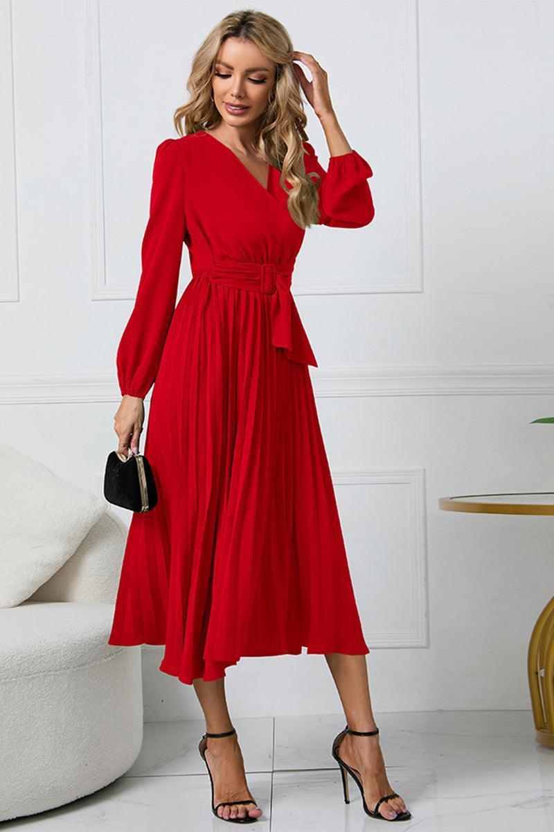 V-Neck Long Sleeve Tie Waist Midi Dress - ClubOn