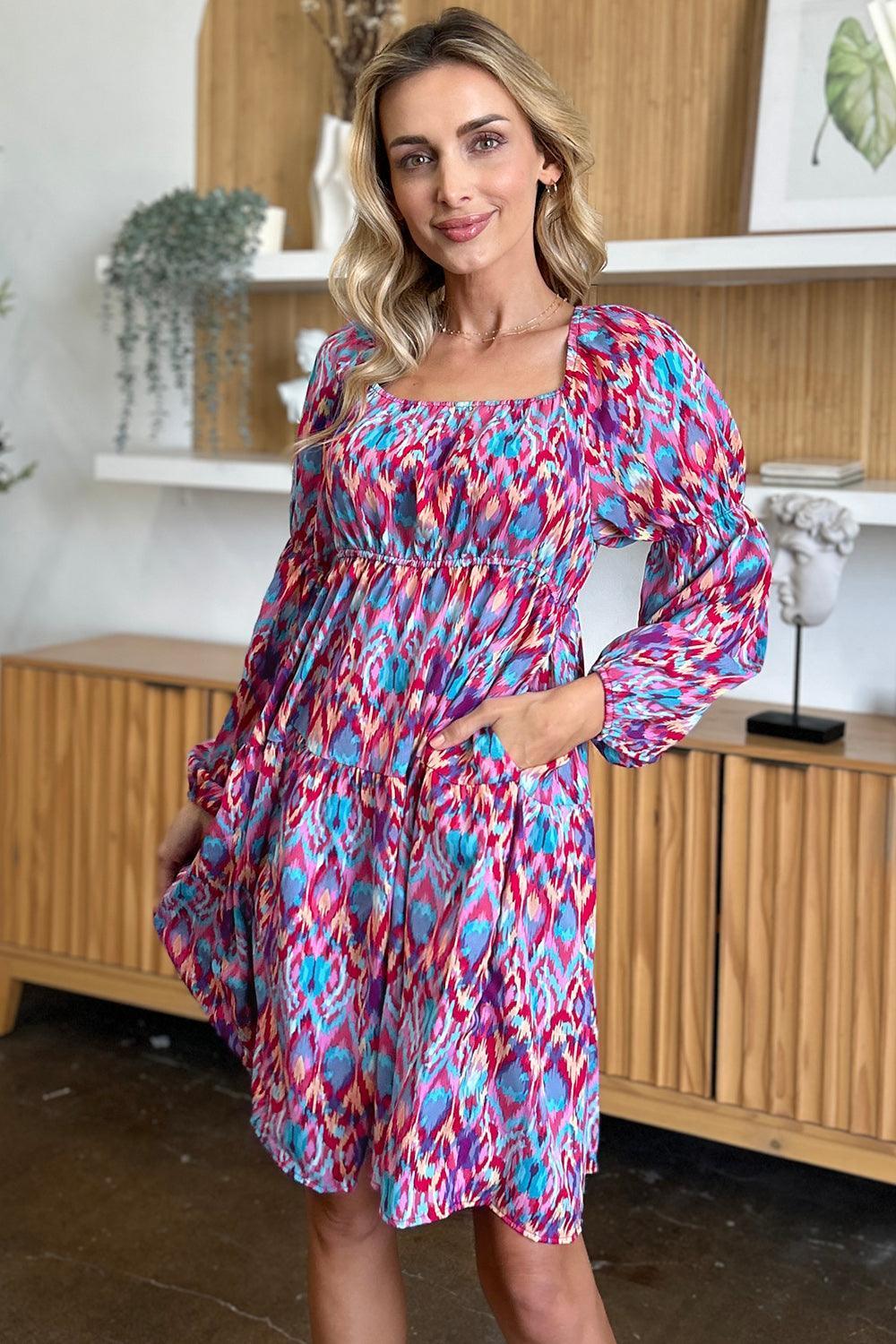 Double Take Full Size Printed Long Sleeve Dress - ClubOn