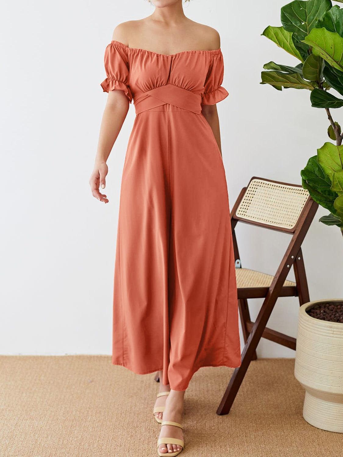 Off-Shoulder Short Sleeve Wide Leg Jumpsuit - ClubOn