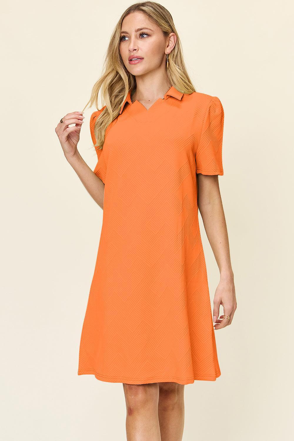 Double Take Full Size Texture Collared Neck Short Sleeve Dress - ClubOn