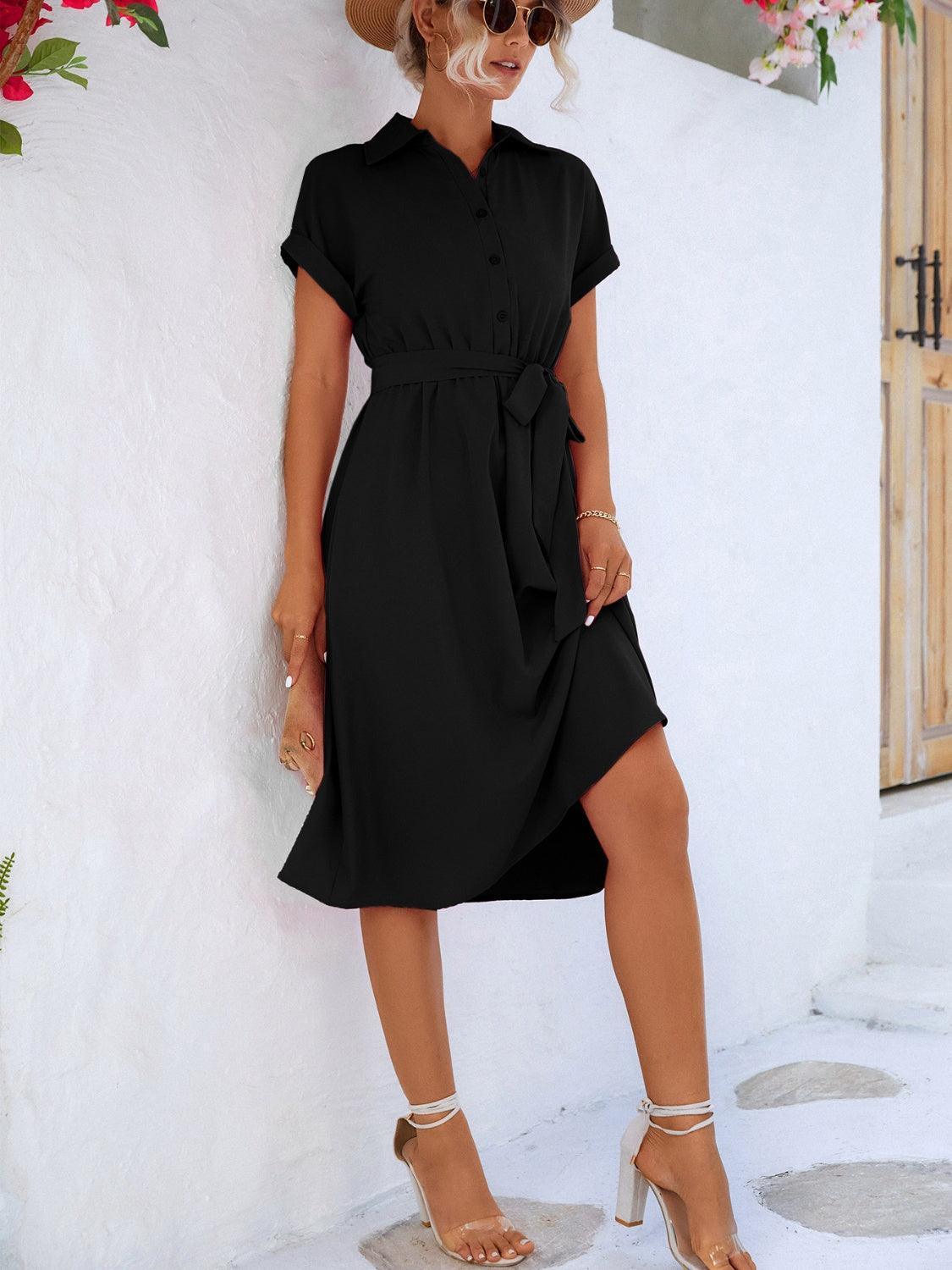 Buttoned Tie Waist Short Sleeve Dress - ClubOn