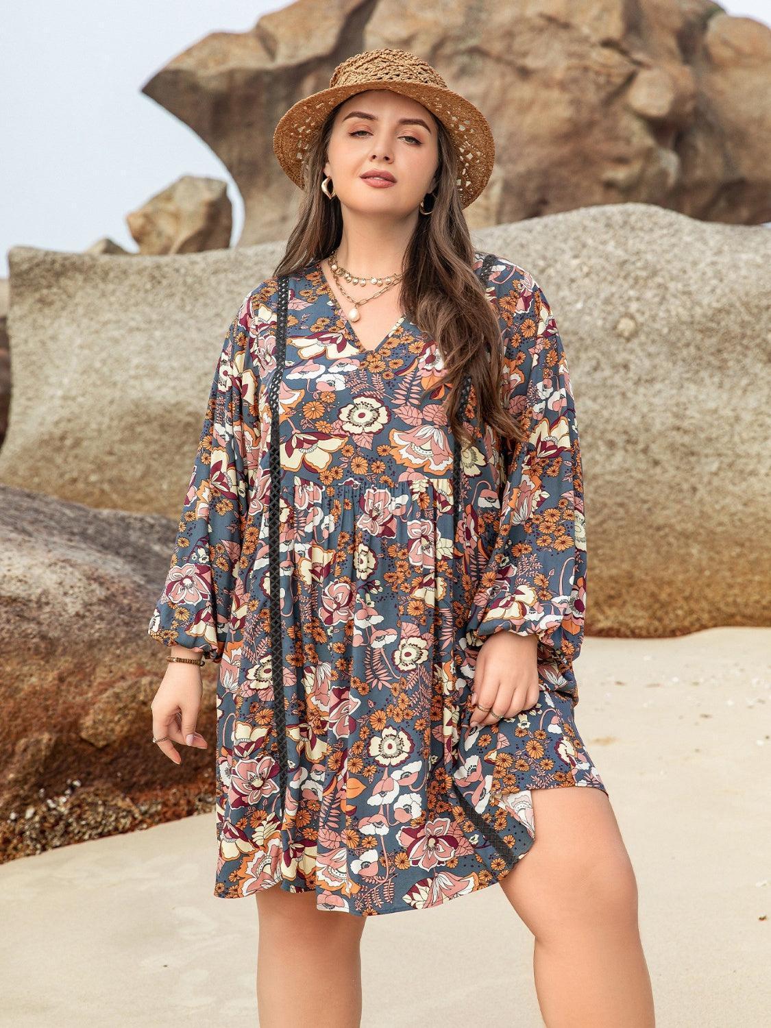 Plus Size Printed V-Neck Balloon Sleeve Mini Dress - ClubOn