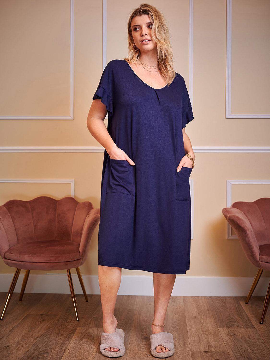 Plus Size Round Neck Short Sleeve Lounge Dress - ClubOn