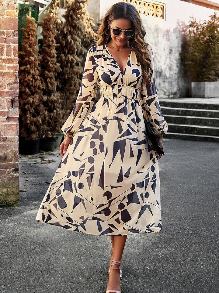 Devine Printed V-Neck Long Sleeve Midi Dress - ClubOn