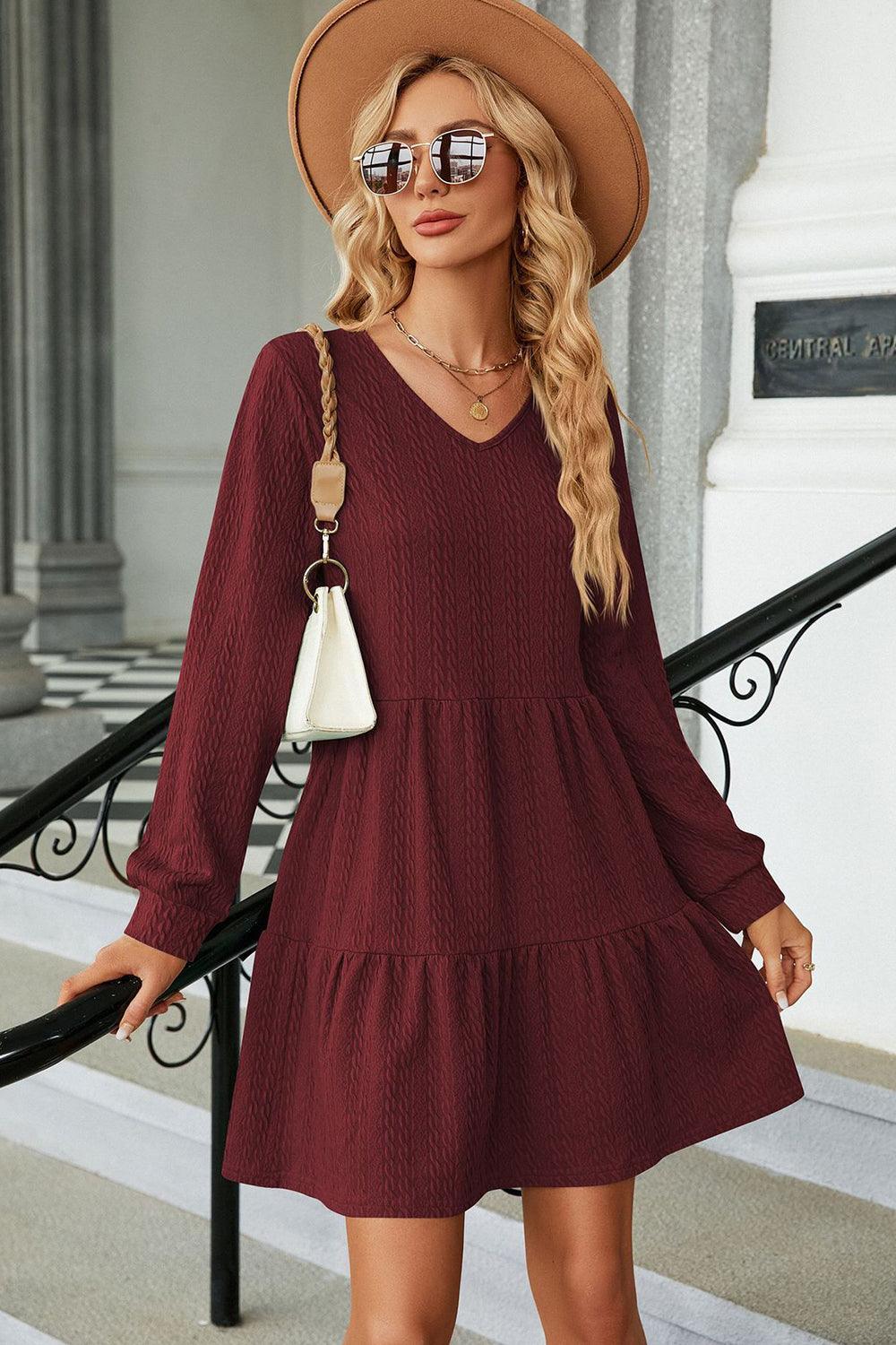 V-Neck Long Sleeve Mini Dress - ClubOn