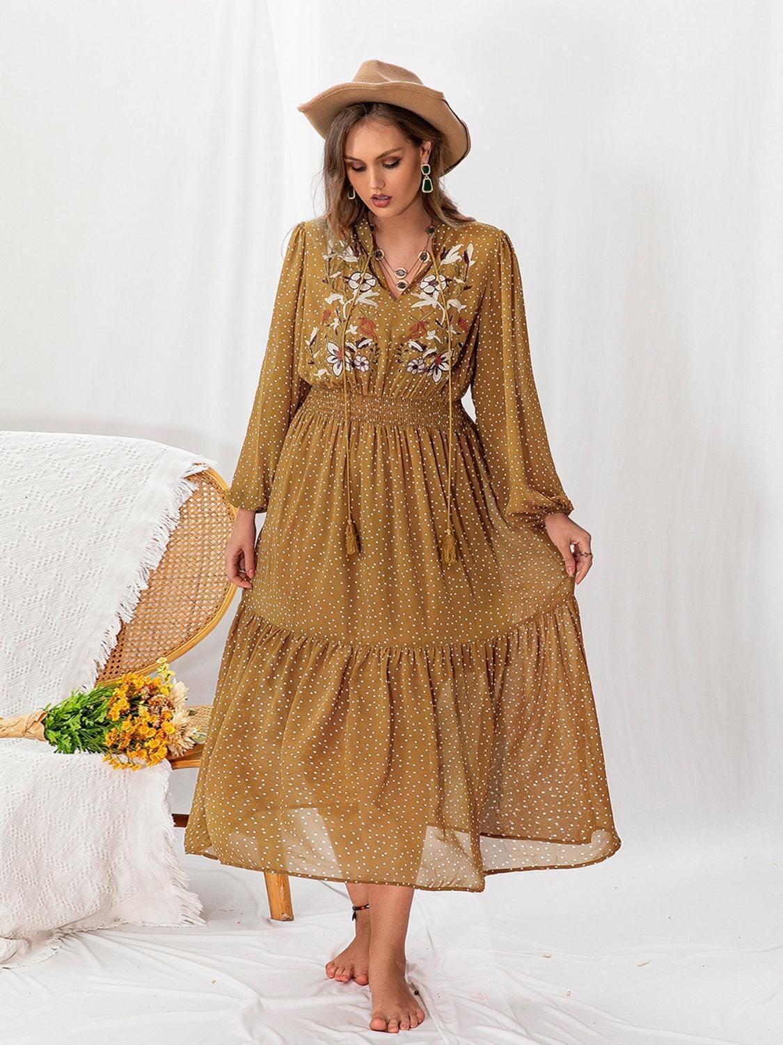 Plus Size Polka Dot Tie Neck Balloon Sleeve Maxi Dress - ClubOn