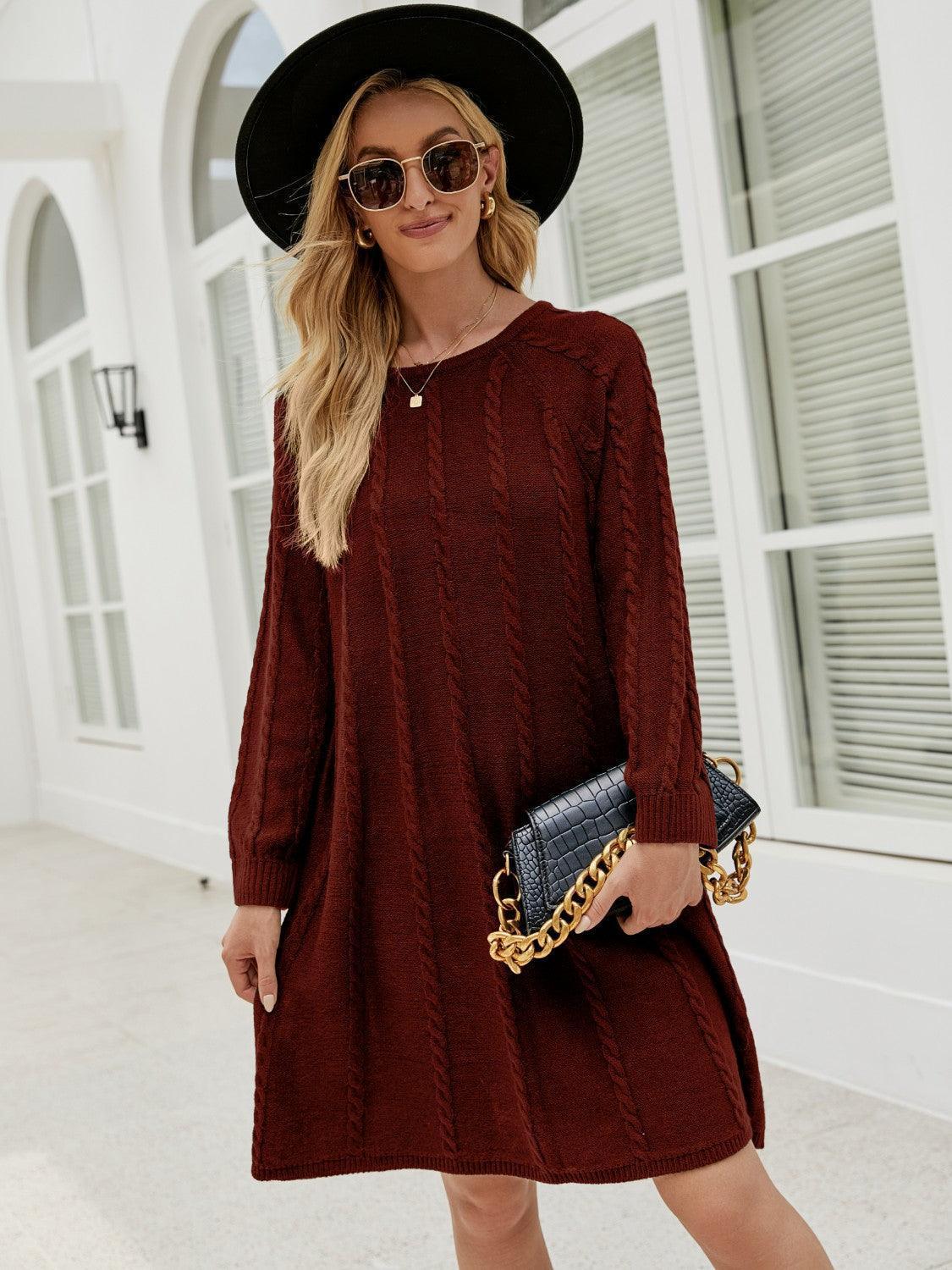 Cable-Knit Long Sleeve Sweater Dress - ClubOn