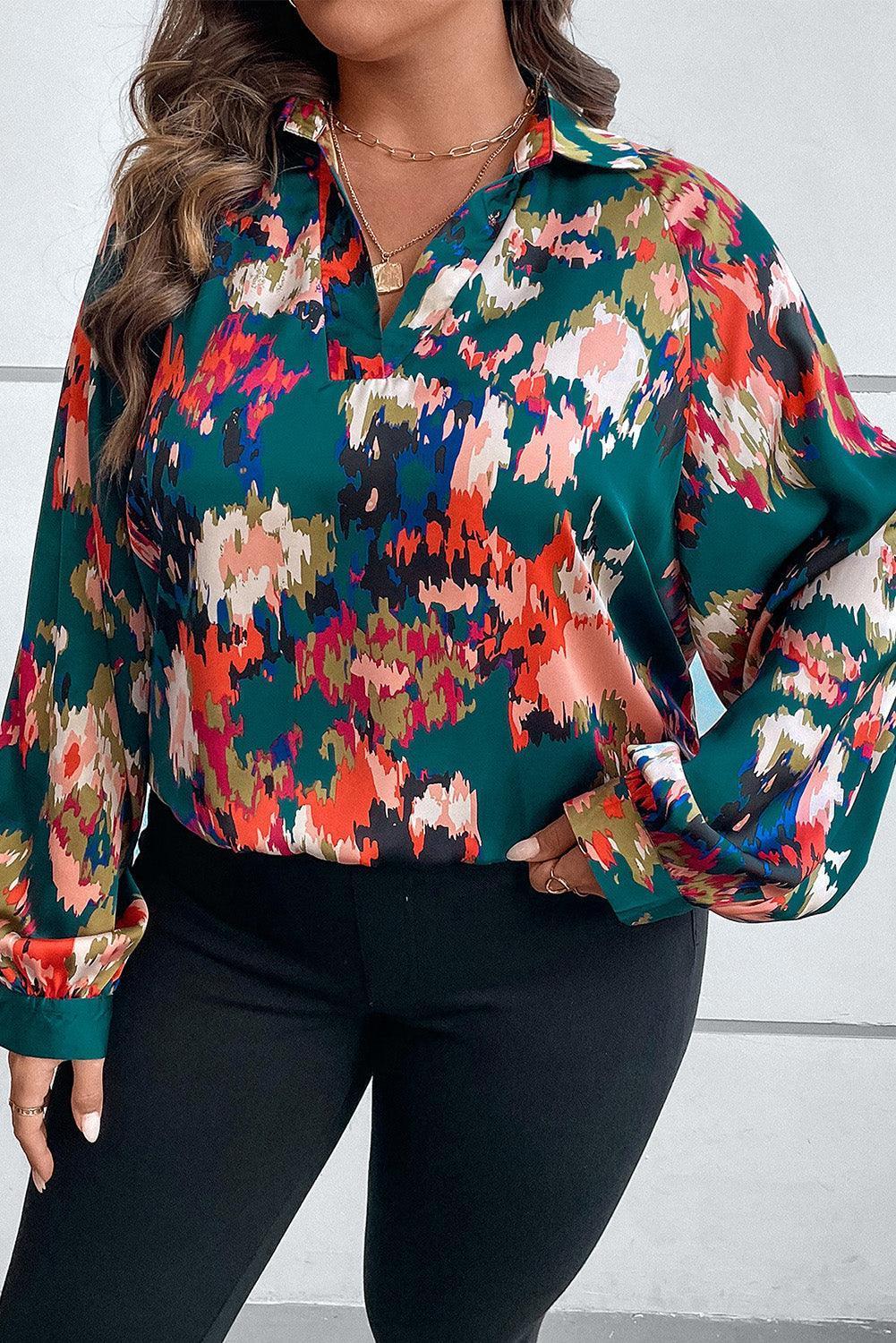 Plus Size Printed Johnny Collar Long Sleeve Blouse - ClubOn
