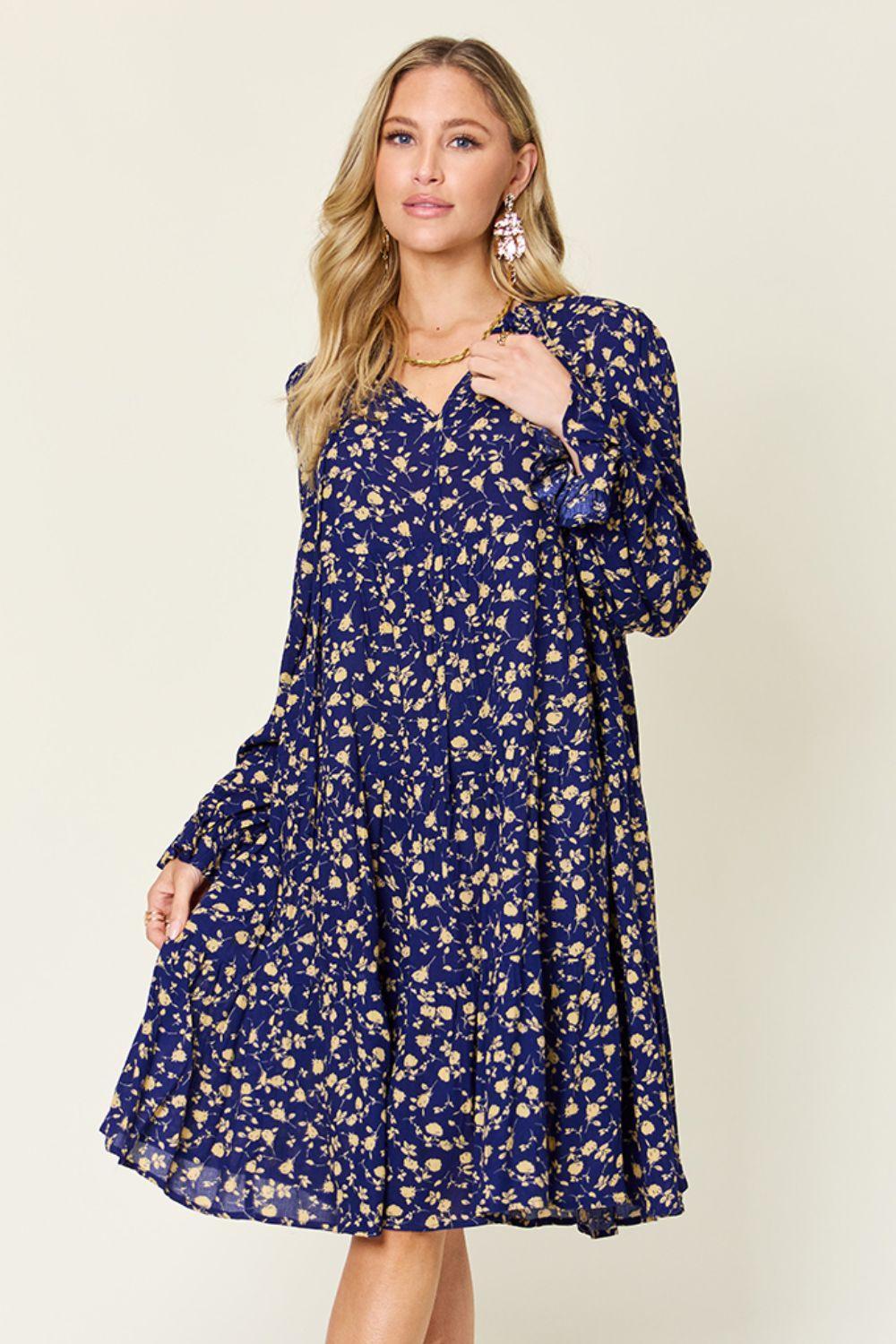 Double Take Full Size Printed Ruffle Hem Long Sleeve Tiered Dress - ClubOn