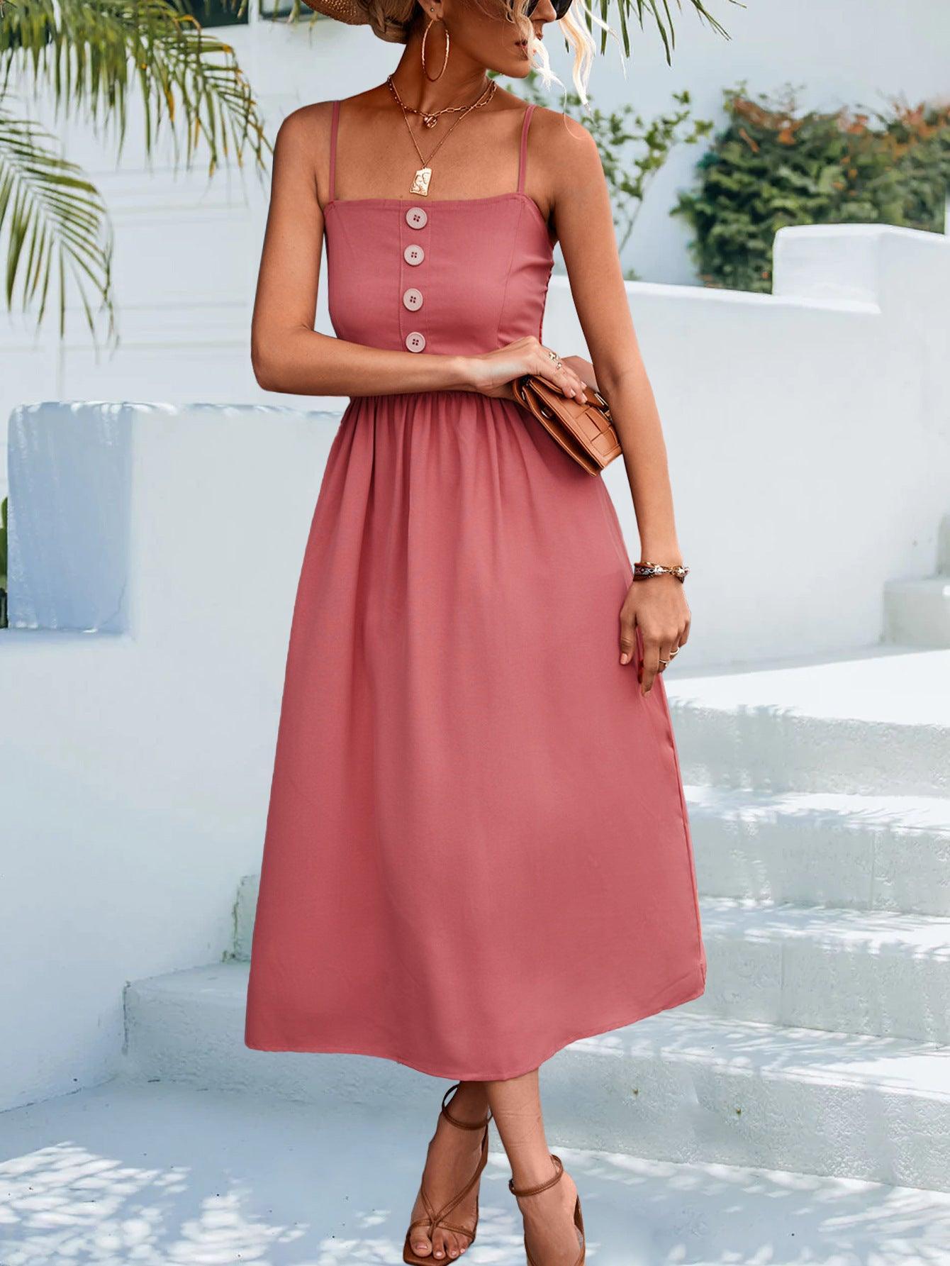 Decorative Button Spaghetti Strap Midi Dress - ClubOn