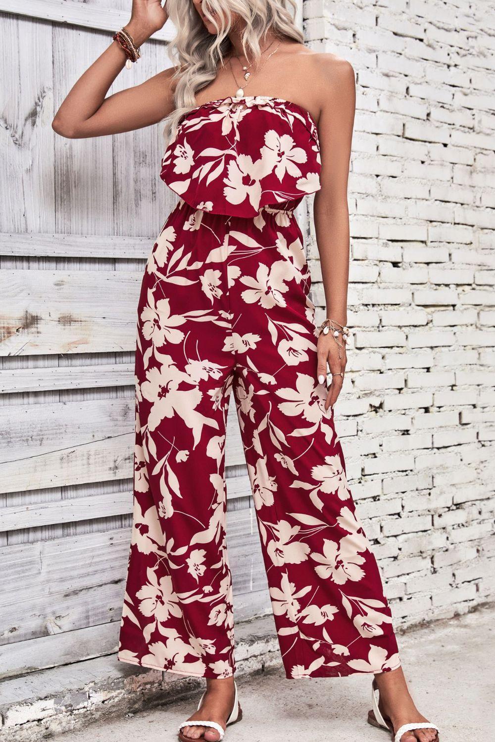 Perfee Floral Strapless Wide Leg Jumpsuit - ClubOn