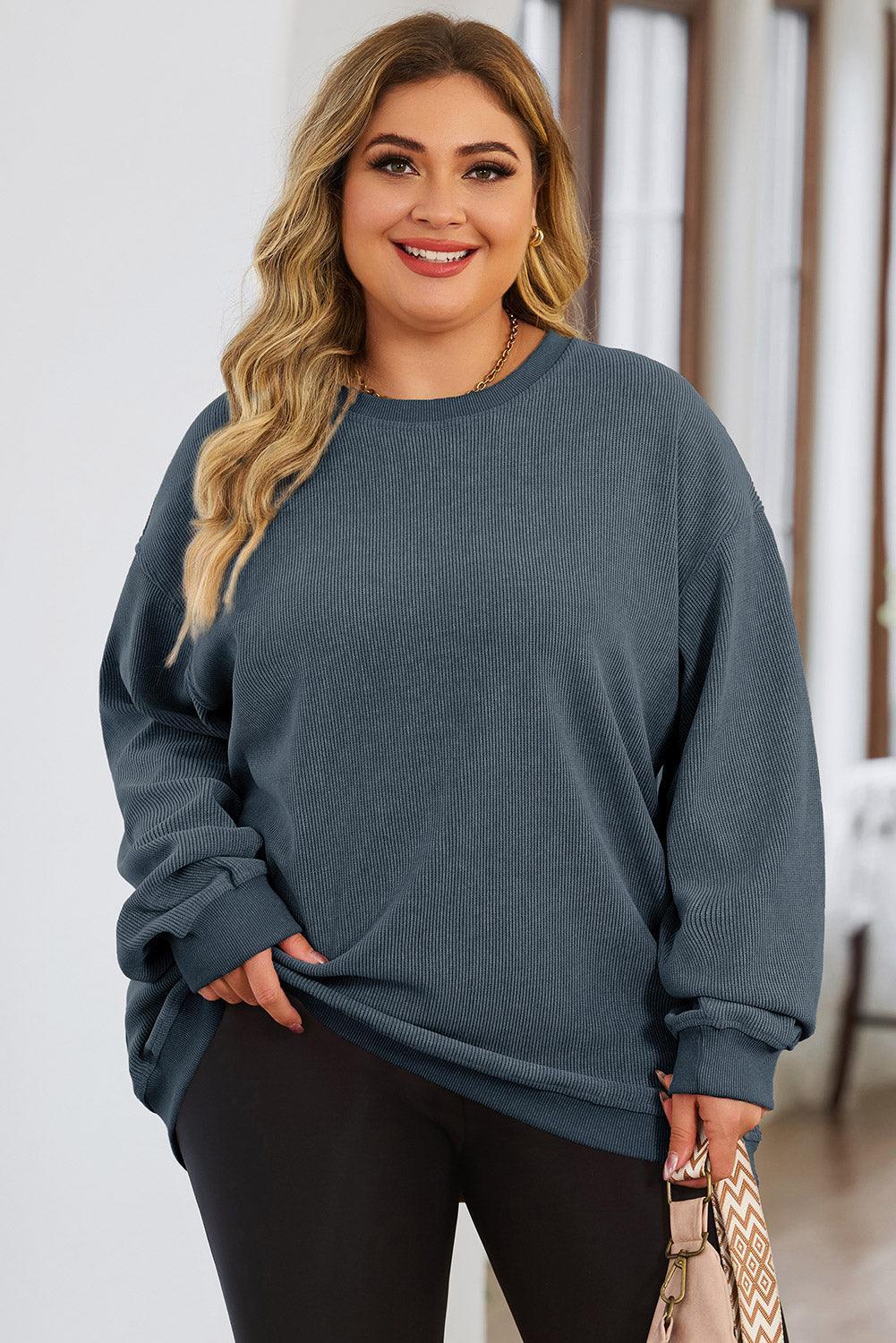 Plus Size Round Neck Dropped Shoulder Sweatshirt - ClubOn