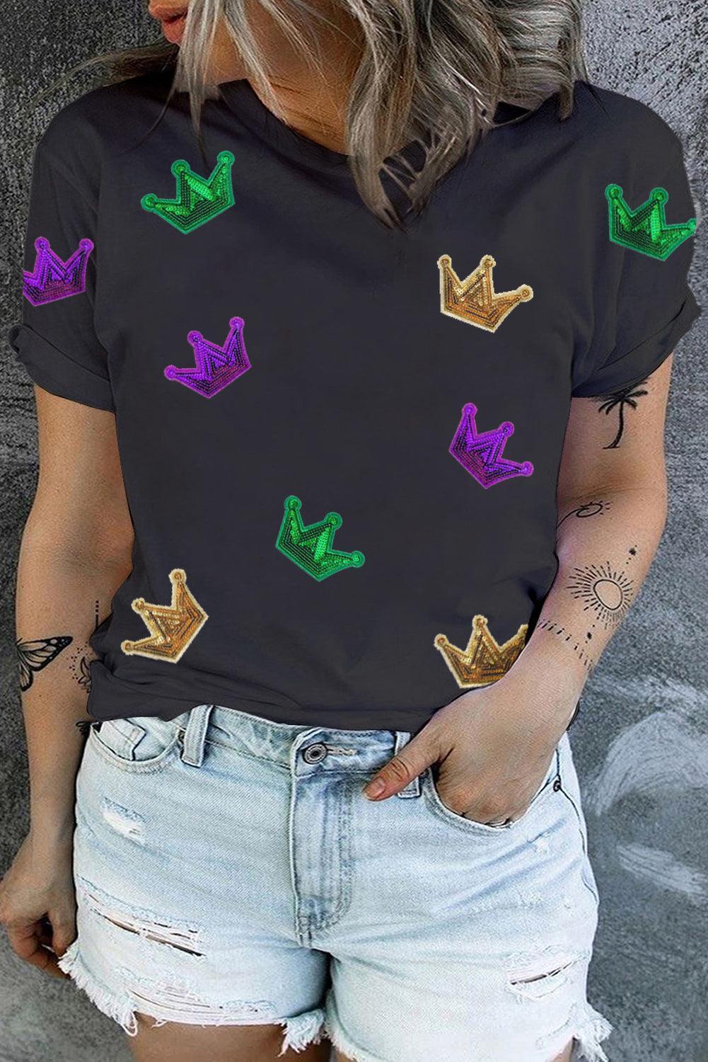 Plus Size Sequin Crown Print Round Neck T-Shirt - ClubOn