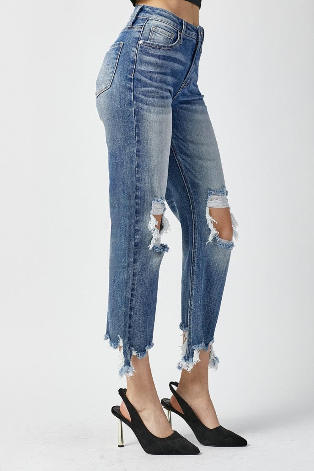 RISEN High Waist Distressed Frayed Hem Cropped Straight Jeans - ClubOn