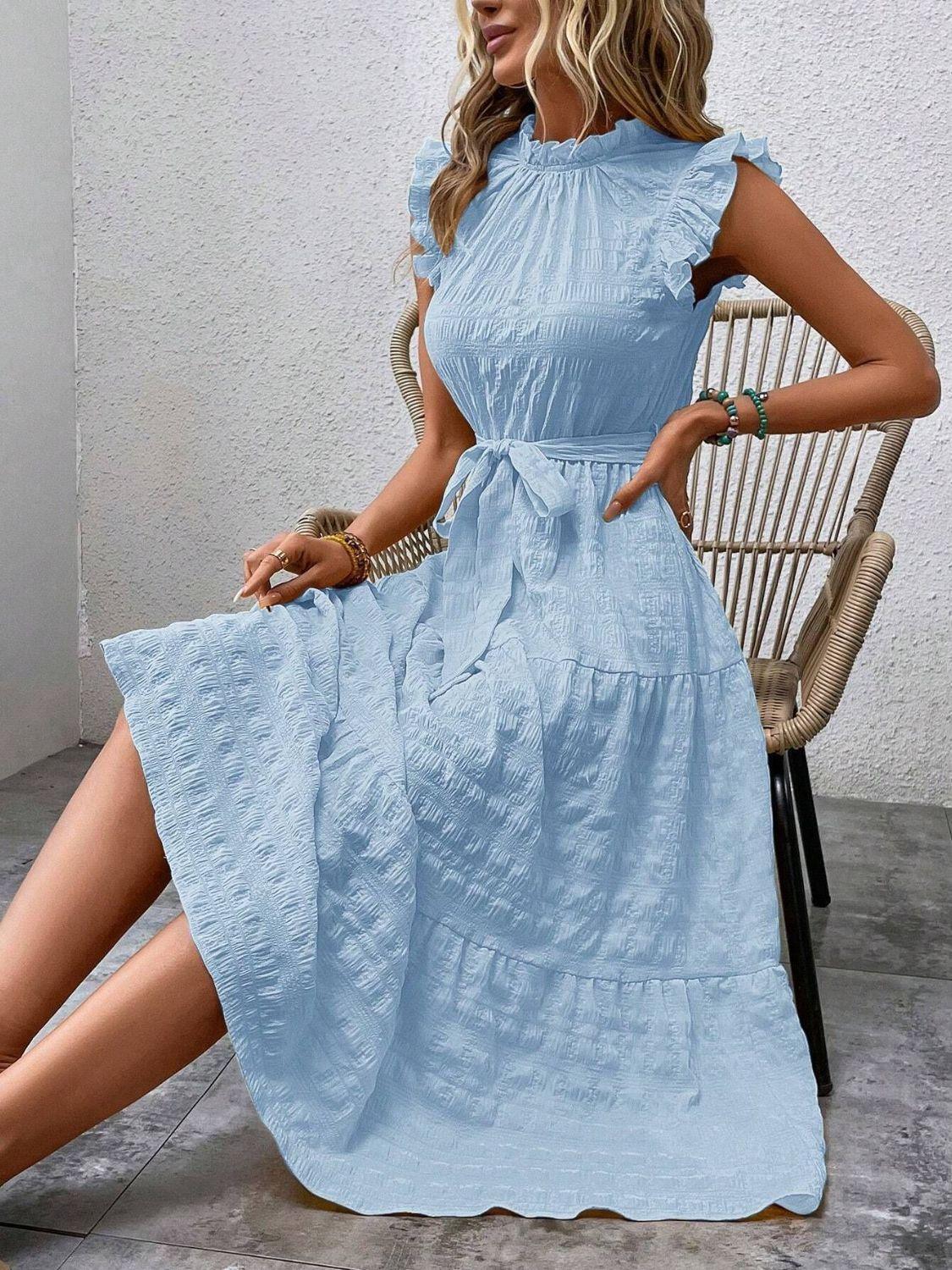Tied Ruffled Cap Sleeve Midi Dress - ClubOn