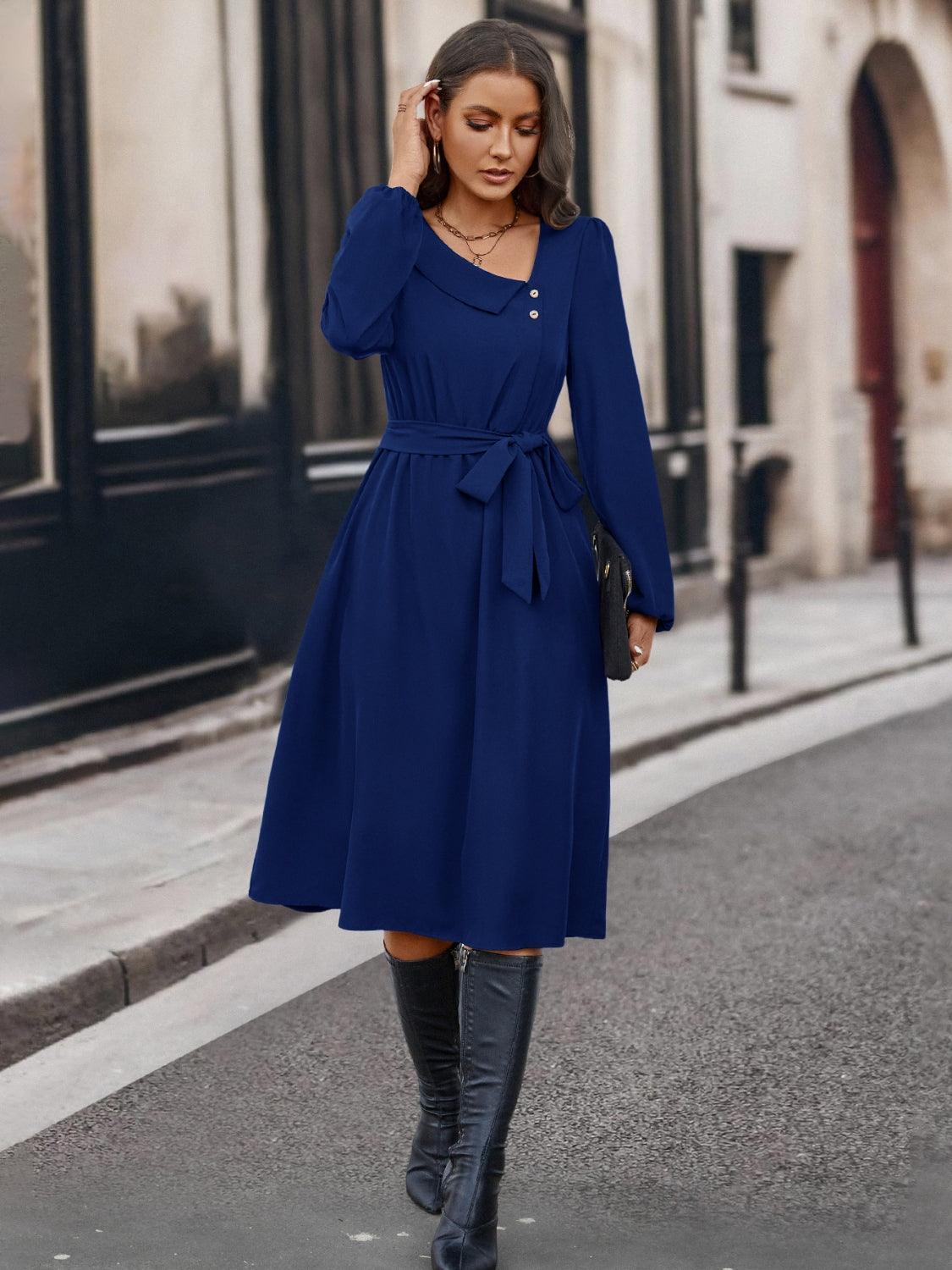Buttoned Tie Front Long Sleeve Asymmetrical Neck Dress - ClubOn