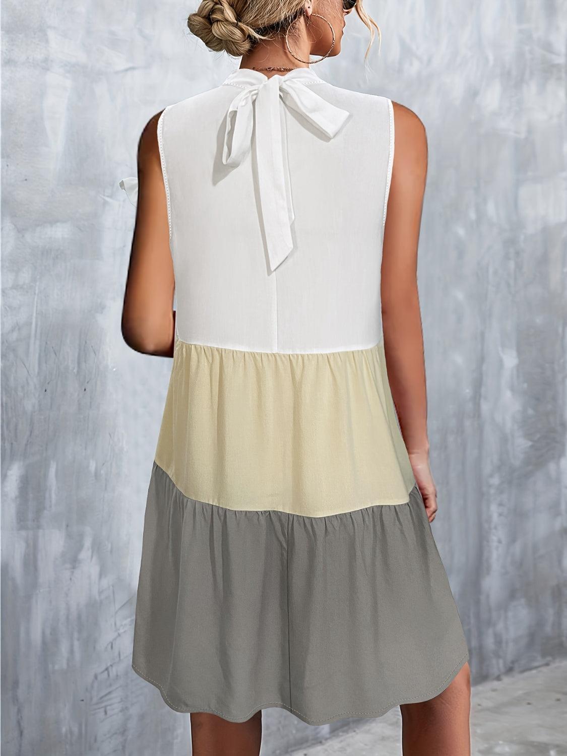 Tied Color Block Mock Neck Sleeveless Dress - ClubOn