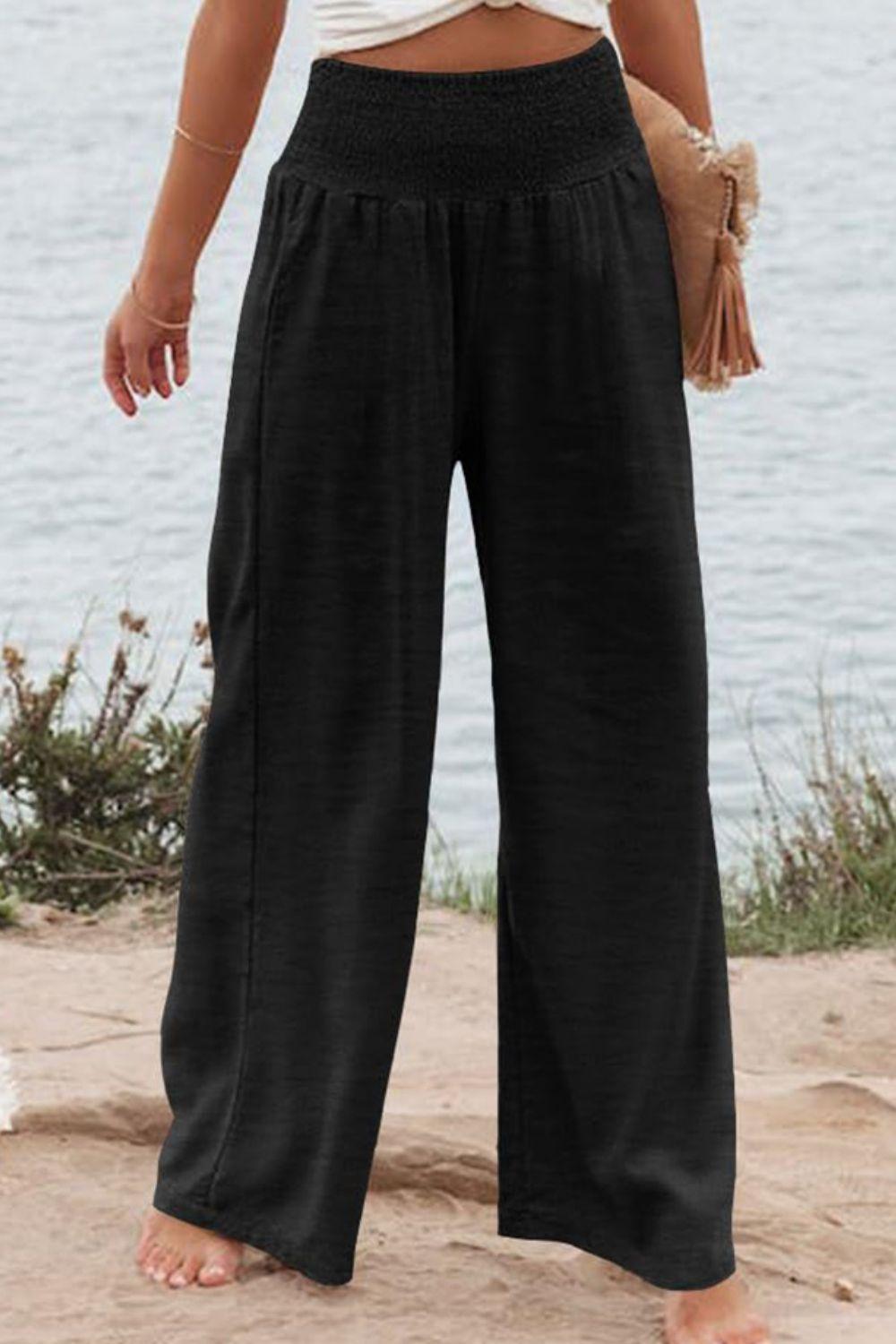 Plus Size Smocked High Waist Wide Leg Pants - ClubOn
