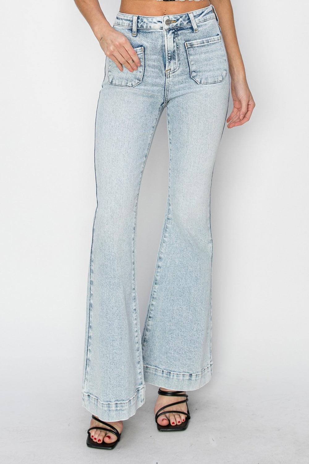 Risen Full Size High Rise Front Patch Pocket Flare Jeans - ClubOn