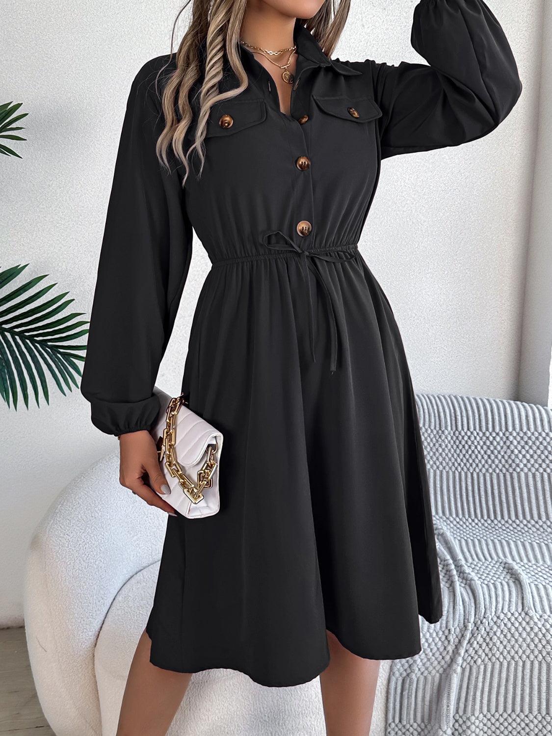 Collared Neck Long Sleeve Dress with Pockets - ClubOn