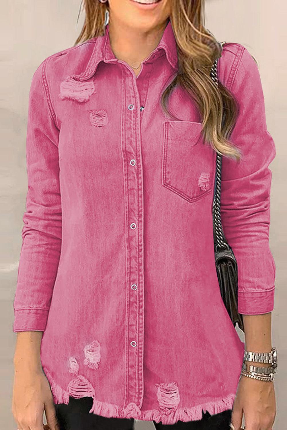 Distressed Raw Hem Snap Down Denim Jacket - ClubOn