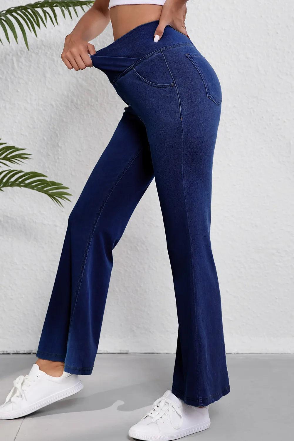 Asymmetric Waist Flare Jeans - ClubOn