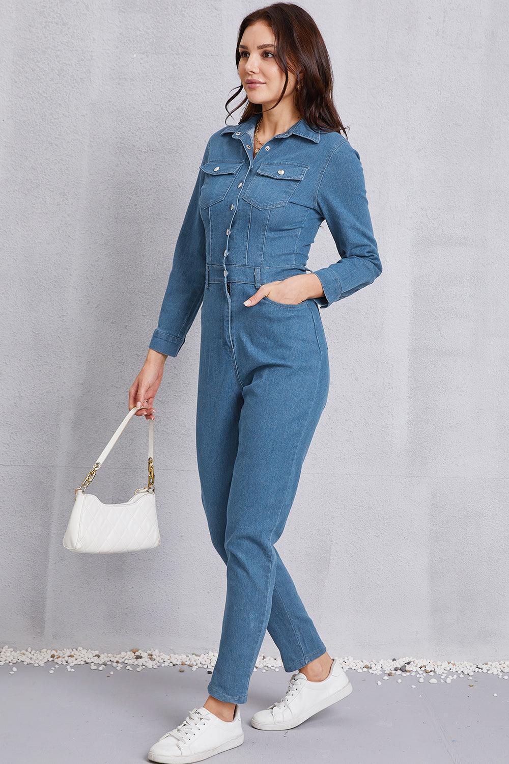 Snap Down Denim Jumpsuit with Pockets - ClubOn