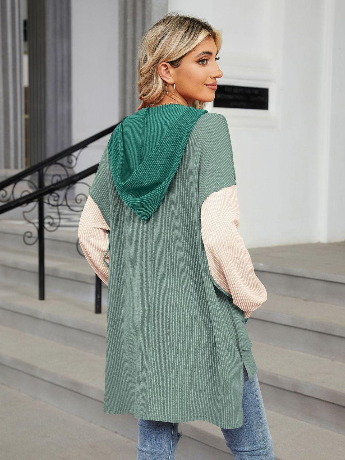 Double Take Contrast Hooded Long Sleeve Top - ClubOn