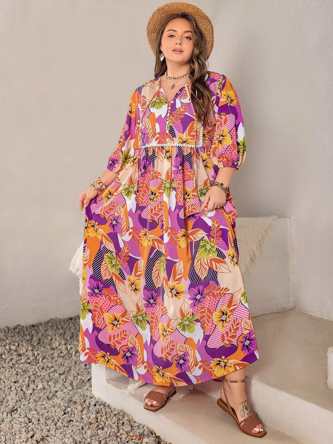 Plus Size Printed Tie Neck Maxi Dress - ClubOn